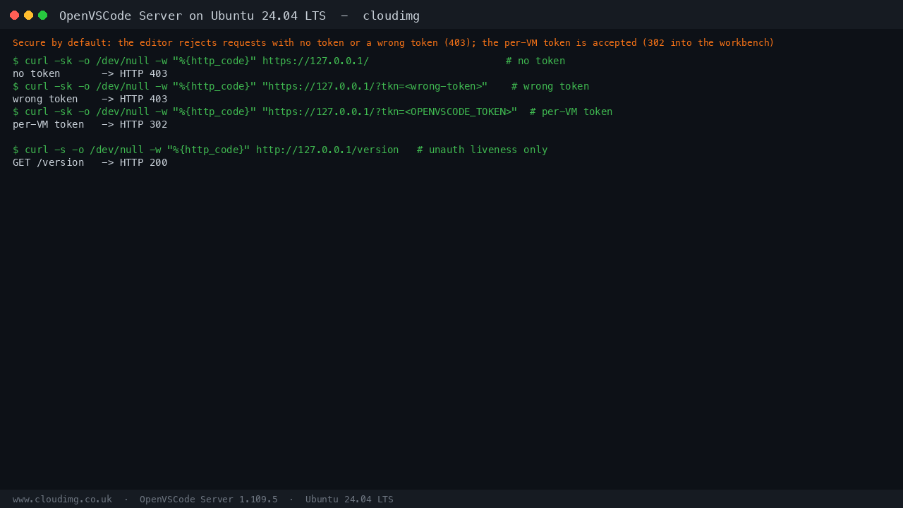Secure by default - the editor rejects requests with no token or a wrong token (403) and accepts the per-VM token (302 into the workbench)