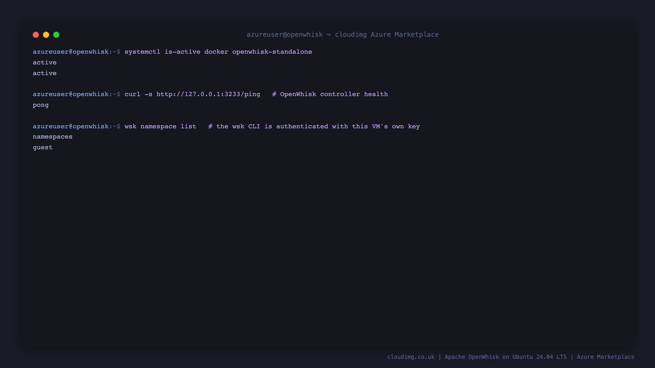 OpenWhisk platform status: docker and openwhisk-standalone active, the controller answering /ping, and the built-in system actions ready