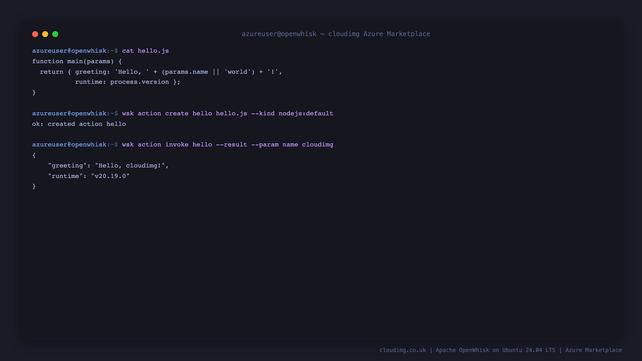 Creating a Node.js action and invoking it with wsk; the JSON result is returned by a real Docker action container