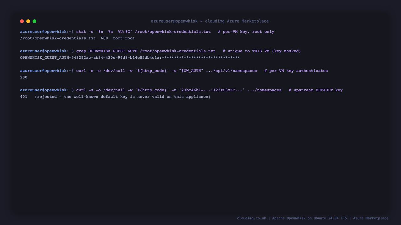 The per-VM authentication key authenticates (HTTP 200) while the upstream default key is rejected (HTTP 401); the credentials file is 0600 root:root