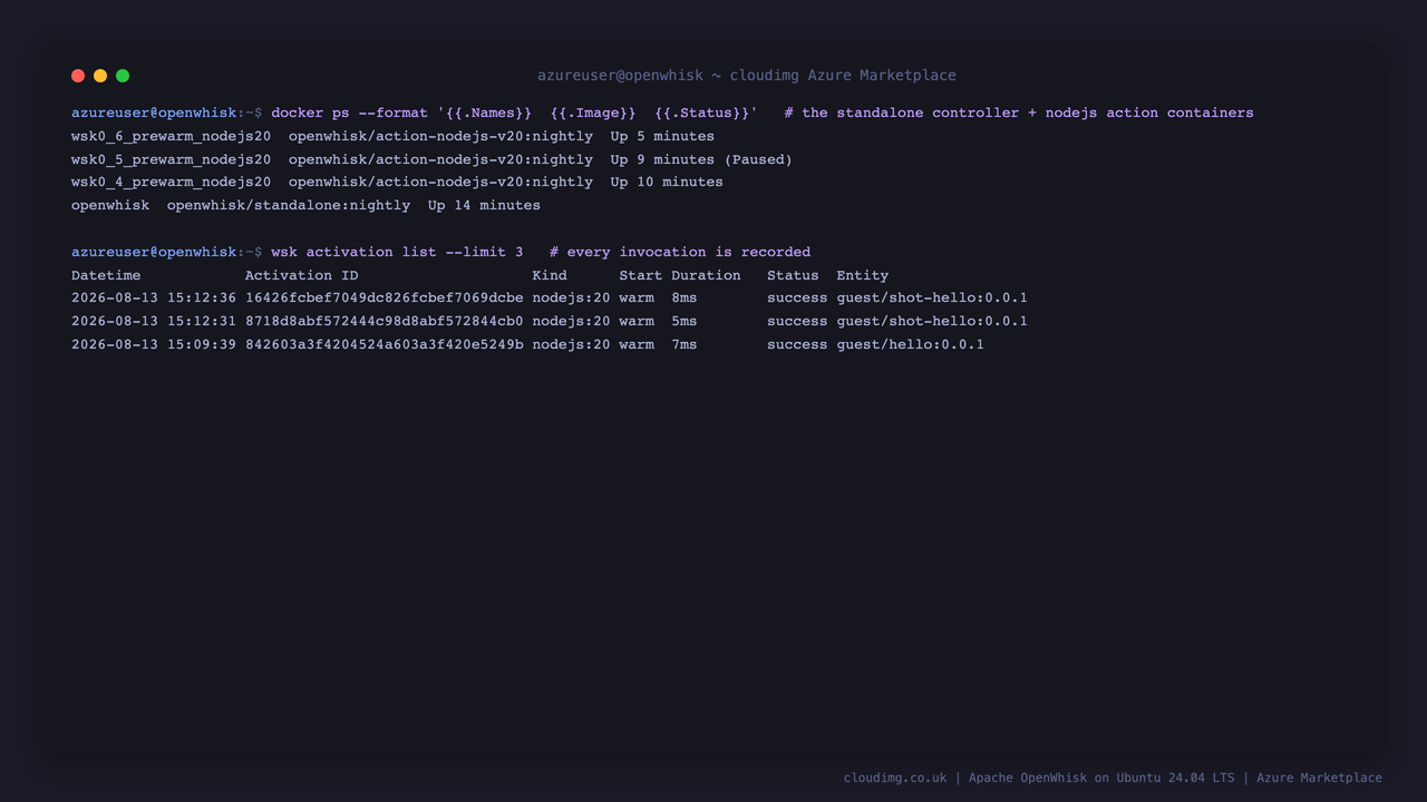 The standalone controller container plus the Node.js action-runtime containers, and the activation records for recent invocations
