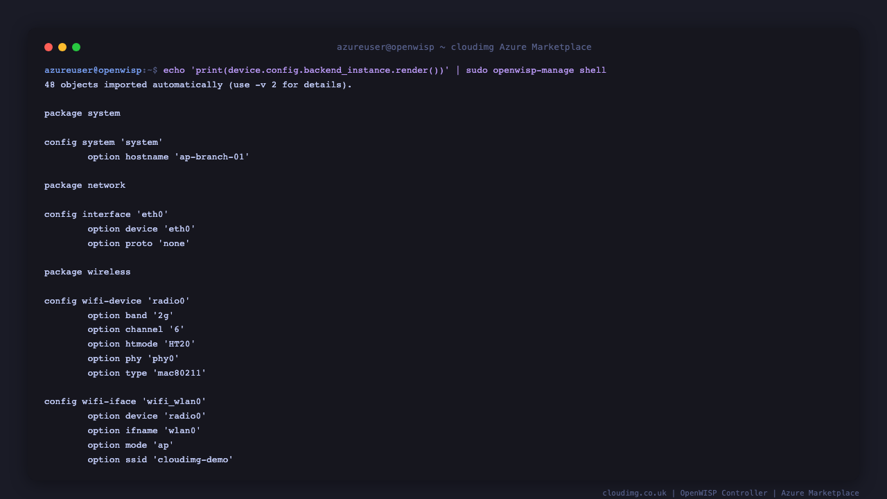 The controller rendering the compiled OpenWrt UCI configuration for a device, including the system hostname, the eth0 interface and the wlan0 access point radio