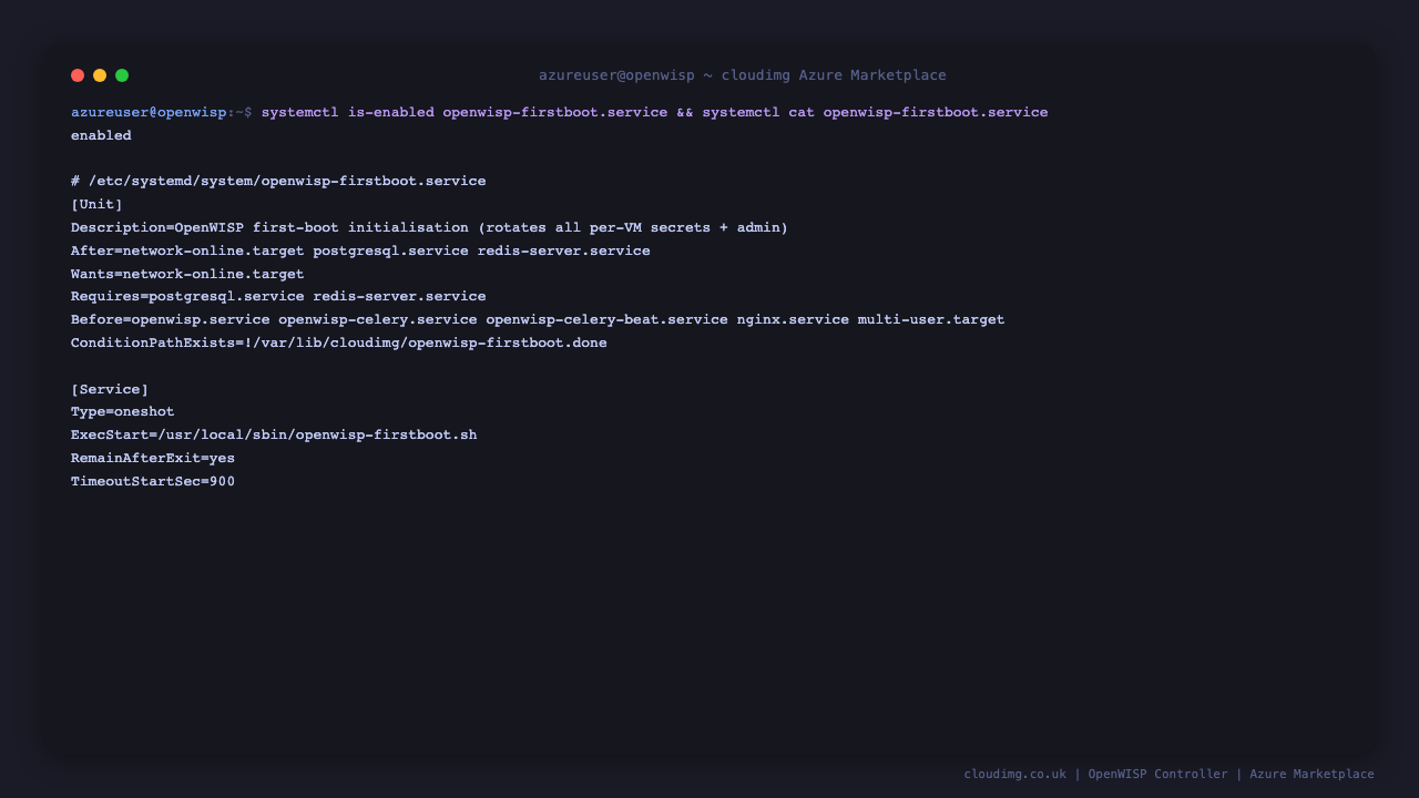 The openwisp first boot service is enabled and its unit description showing the per VM secret rotation ordered before the app services