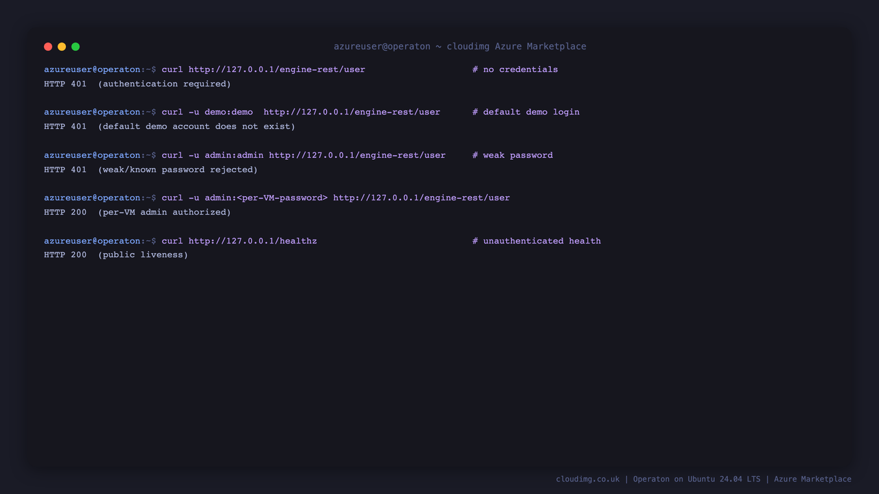 The REST API rejecting no credentials, the default demo account and a weak password with 401, and accepting only the per-VM admin password with 200