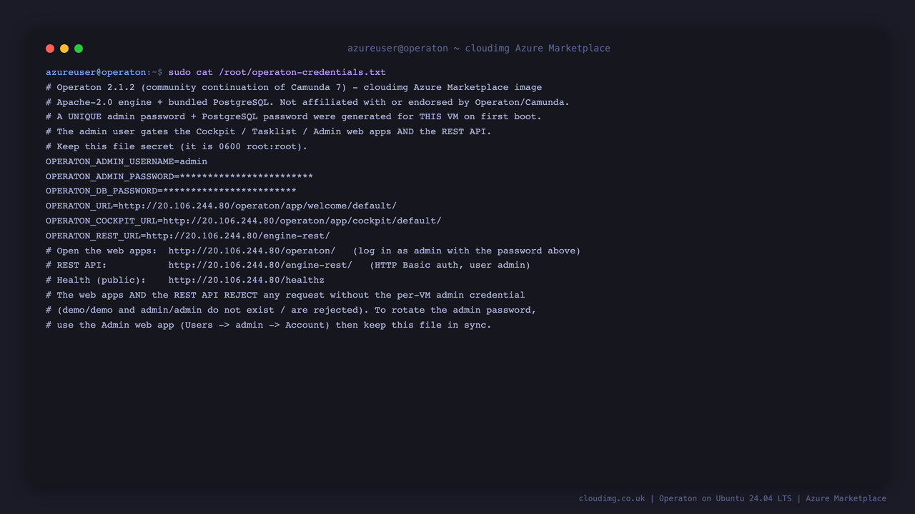 The per-VM access notes, with the admin and database passwords masked