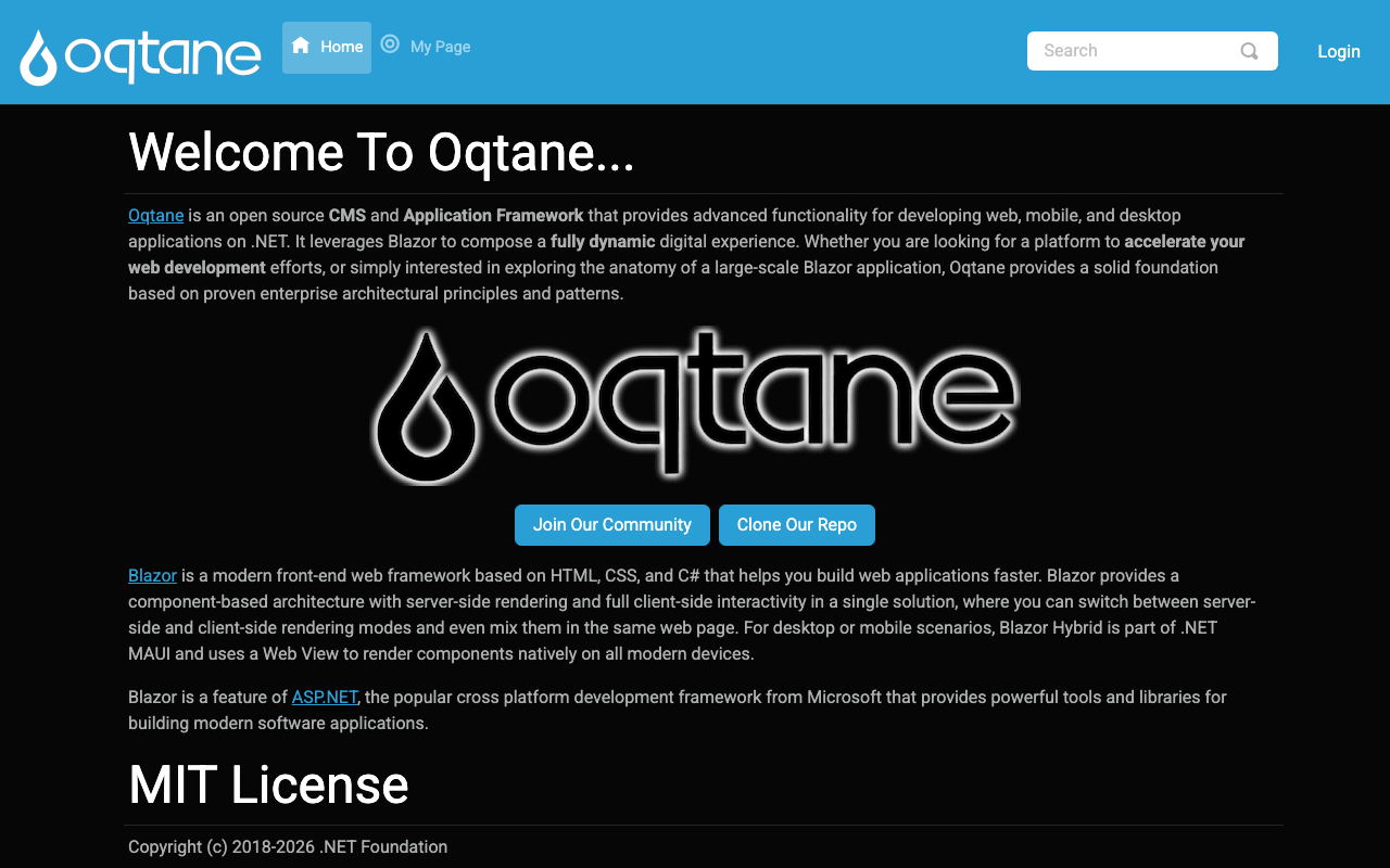 The Oqtane default site home page with its welcome text