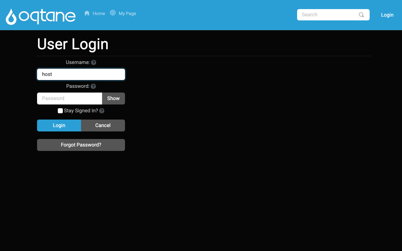 The Oqtane User Login form with the Username and Password fields