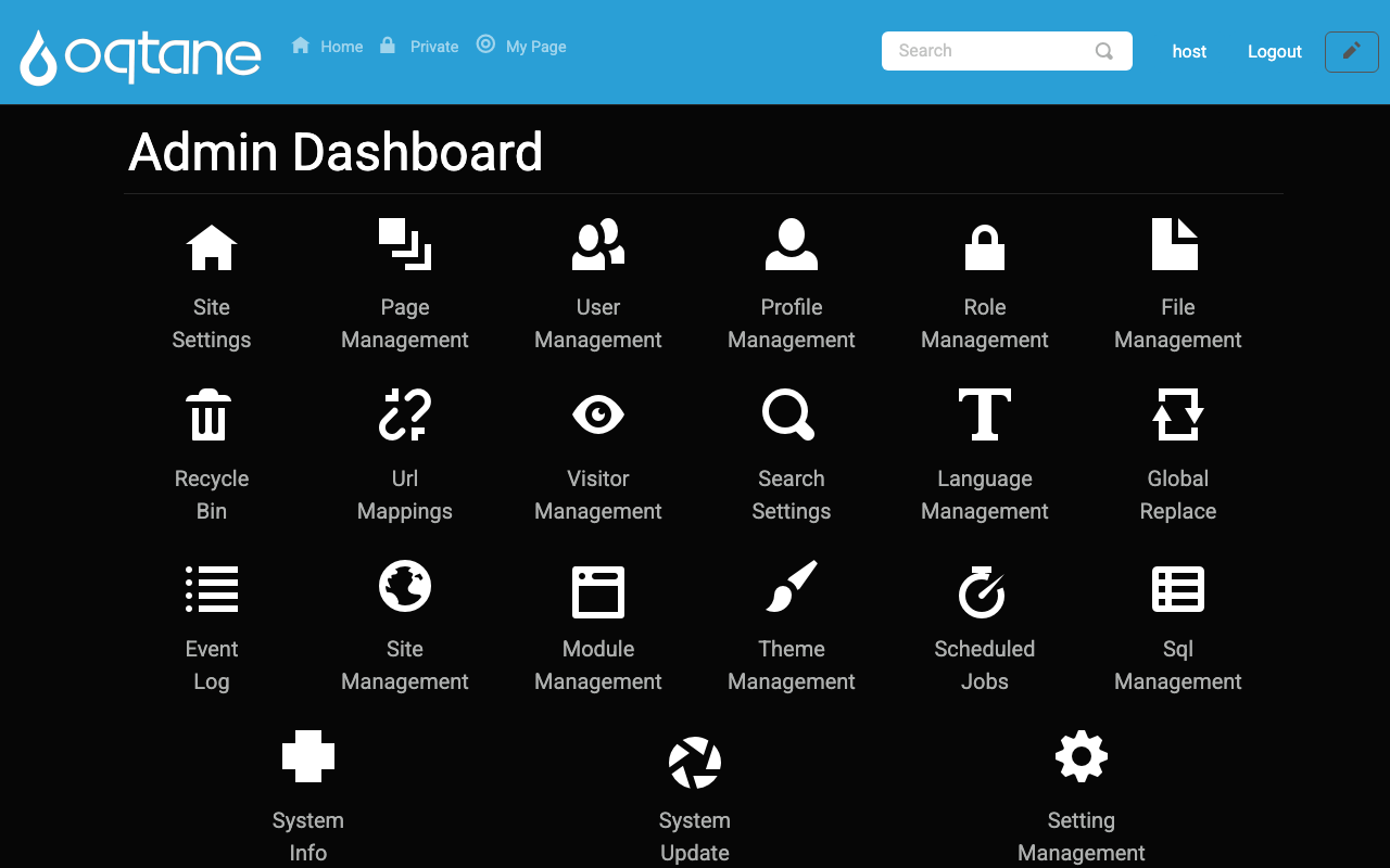 The Oqtane Admin Dashboard with Site Settings, Page, User, File and Theme Management, the Event Log and the System pages