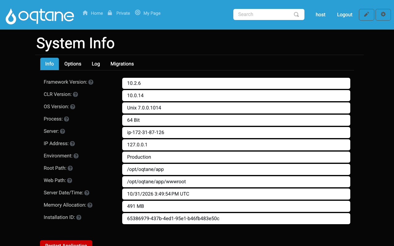 Oqtane System Info showing Framework Version 10.2.6 and CLR Version 10.0.14 in the Production environment