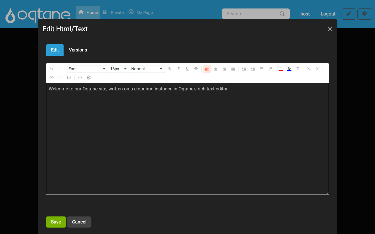 Editing the home page's text module in Oqtane's rich text editor