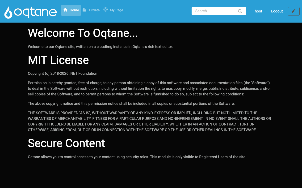 The home page showing the text saved from the editor