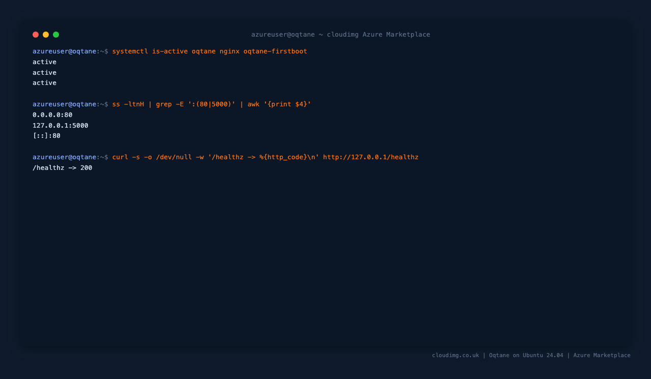 The oqtane, nginx and oqtane-firstboot services active, with Kestrel bound to loopback 127.0.0.1:5000, nginx listening on port 80, and the healthz endpoint returning 200