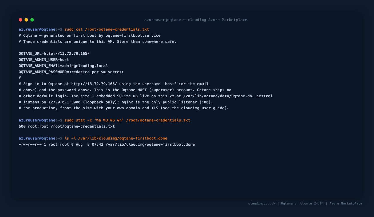 The per VM Oqtane credentials file, showing the host admin username, the generated password and the site URL, owned root only with 0600 permissions, alongside the first boot sentinel