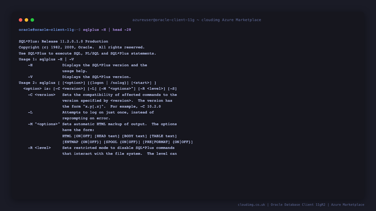 SQL*Plus 11.2.0.1.0 -H help summary listing options like -C -L -M -R -S