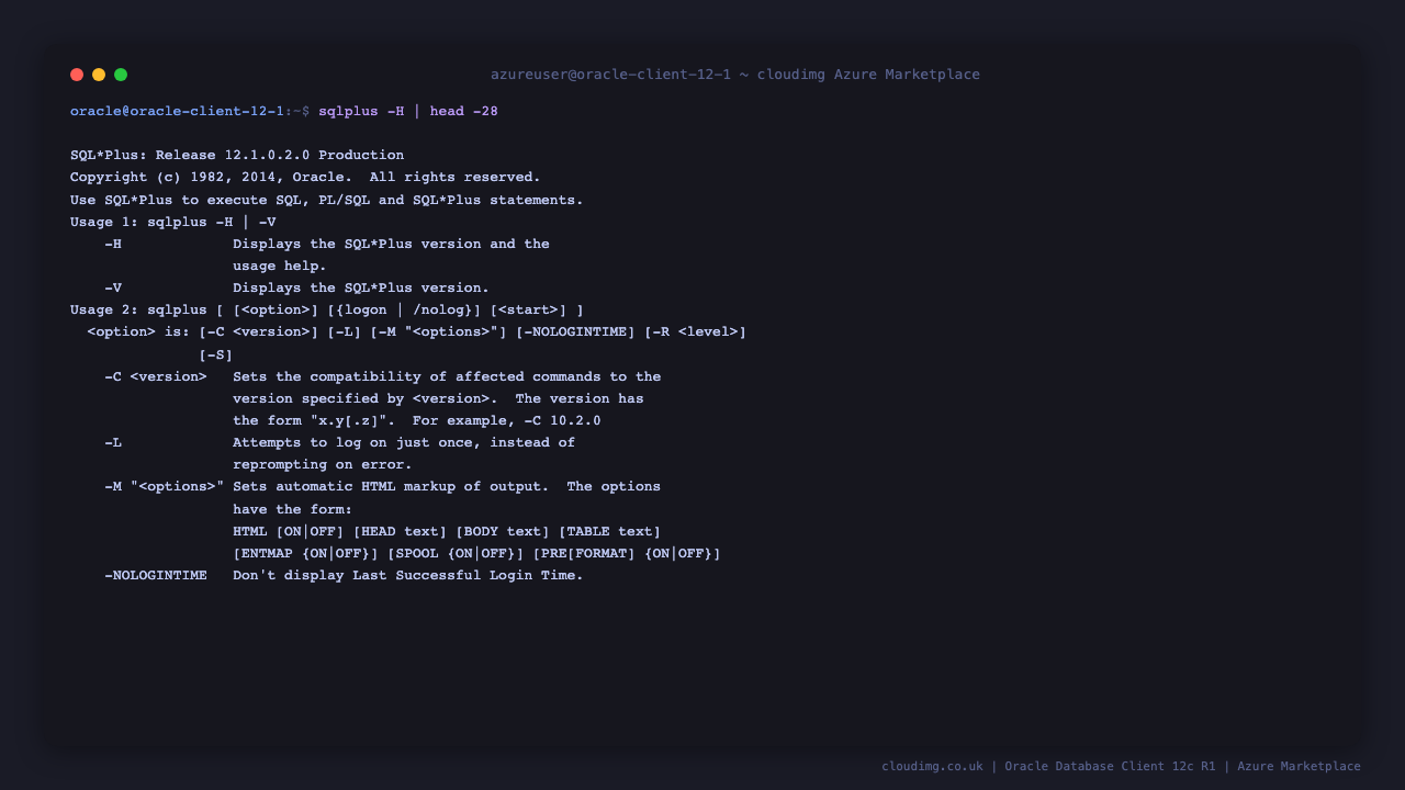 SQL*Plus 12.1.0.2.0 -H help summary listing options like -C -L -M -R -S