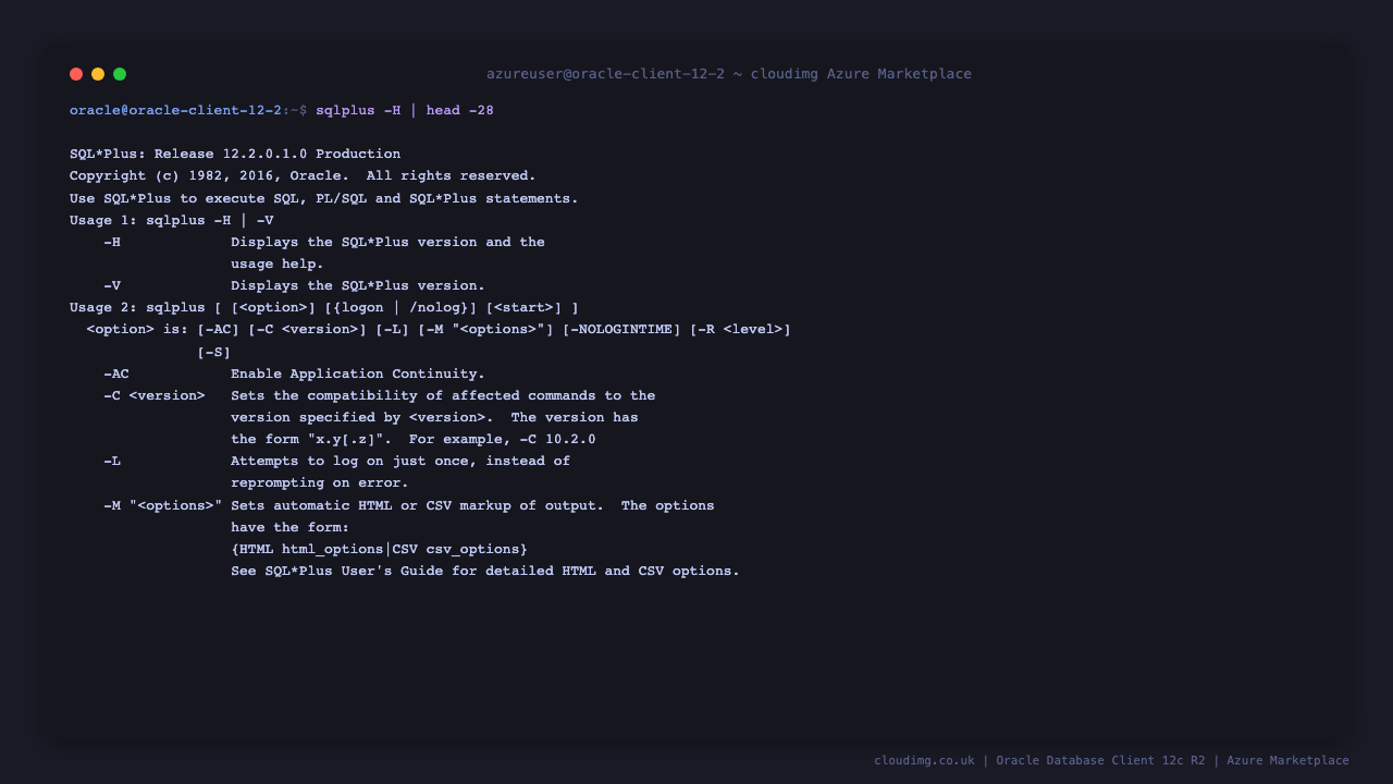 SQL*Plus 12.2.0.1.0 -H help summary listing options like -C -L -M -R -S