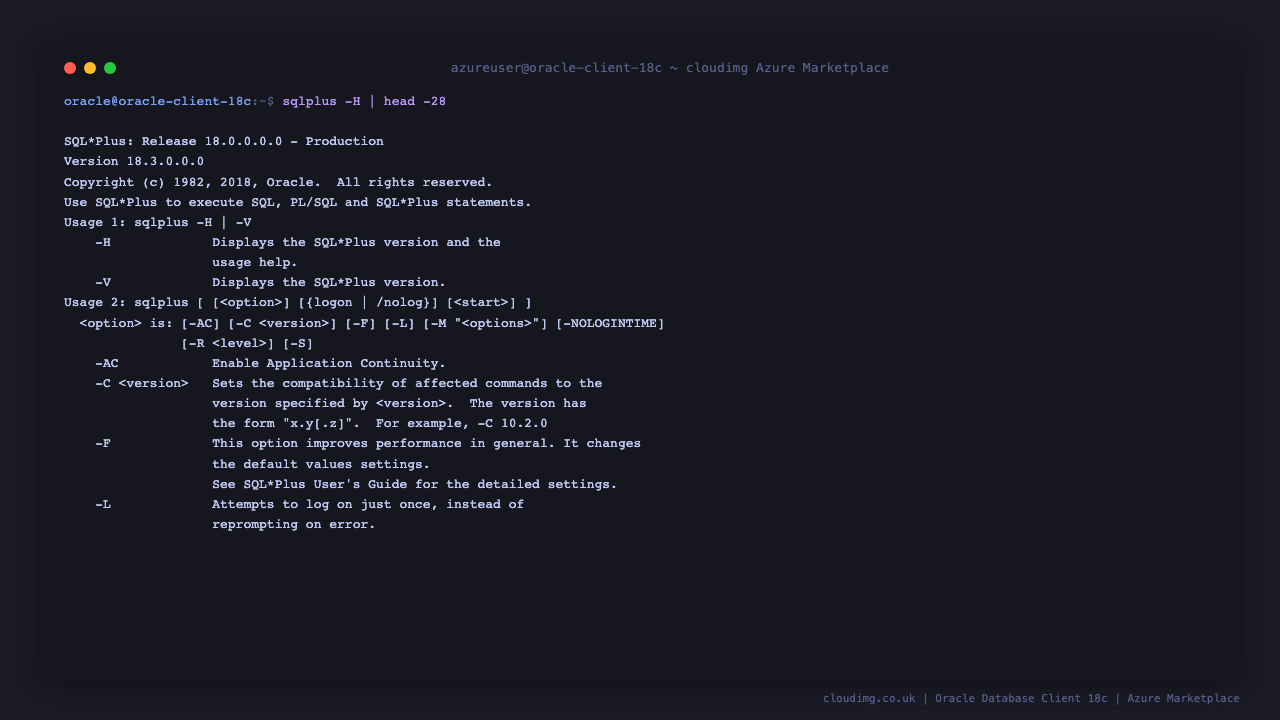 SQL*Plus 18.3.0.0.0 -H help summary listing options like -C -L -M -R -S