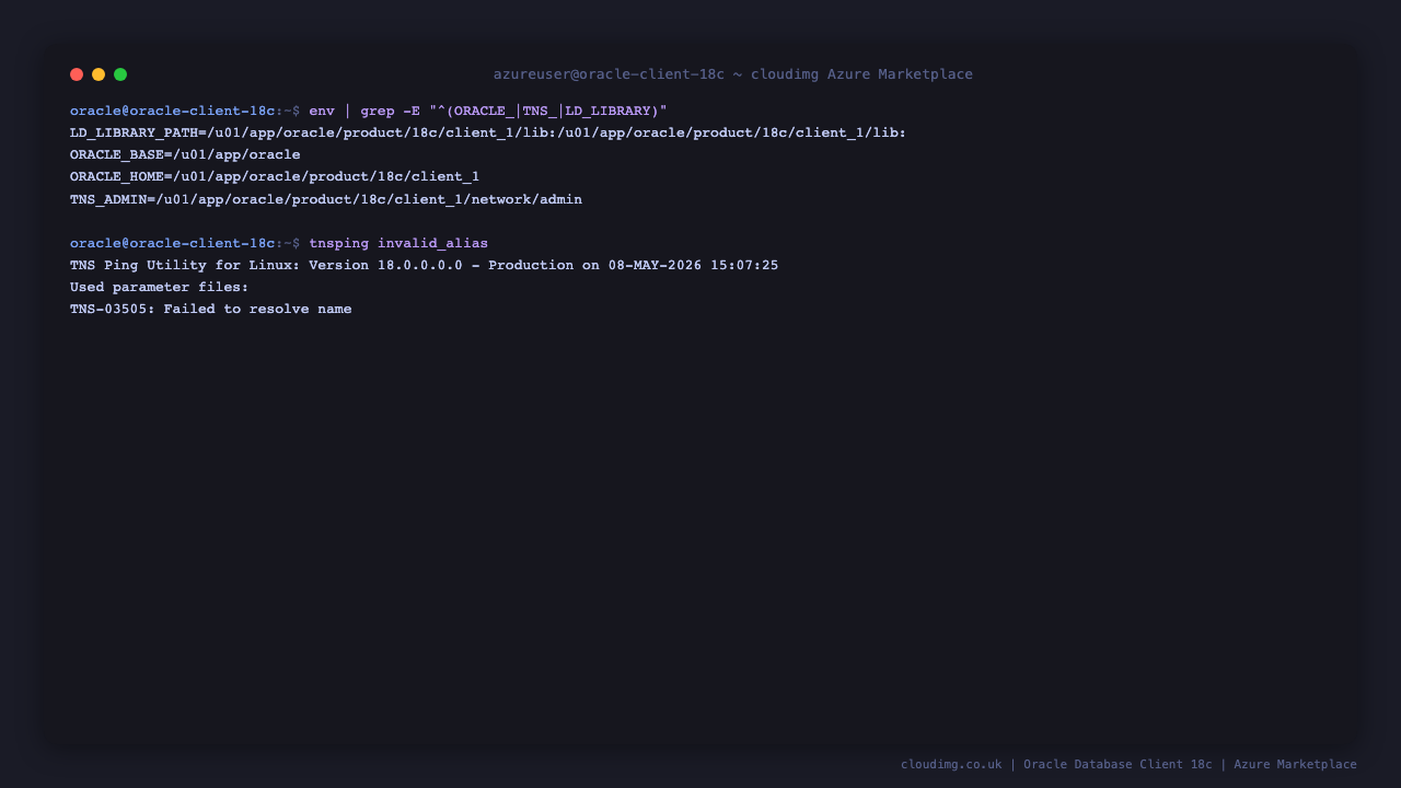 Oracle environment variables ORACLE_BASE, ORACLE_HOME, TNS_ADMIN, LD_LIBRARY_PATH printed via env, followed by tnsping output: TNS Ping Utility for Linux Version 18.3.0.0.0, Used parameter files, TNS-03505 Failed to resolve name