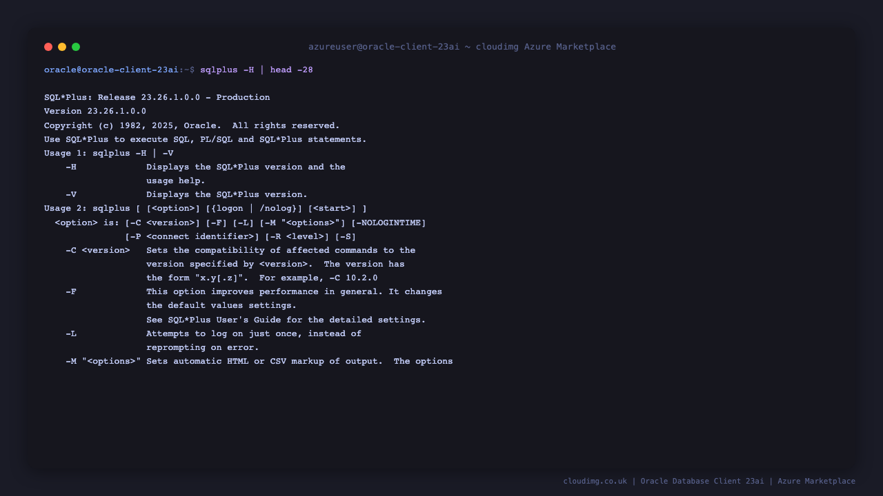 SQL*Plus 23.26 -H help summary listing options like -C -L -M -R -S