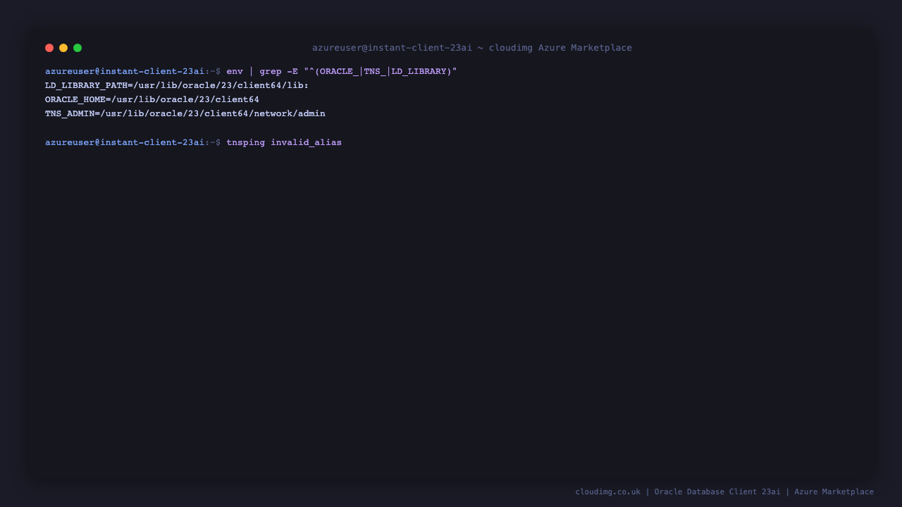 Oracle environment variables ORACLE_BASE, ORACLE_HOME, TNS_ADMIN, LD_LIBRARY_PATH printed via env, followed by tnsping output: TNS Ping Utility for Linux Version 23.26.2.0.0, Used parameter files, TNS-03505 Failed to resolve name