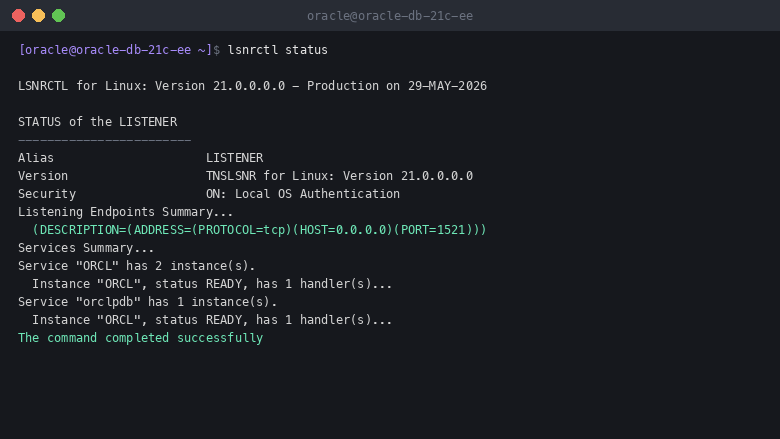 lsnrctl status showing the Oracle listener on port 1521 with the ORCL and ORCLPDB services ready