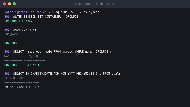 A SQL*Plus session switching into the ORCLPDB pluggable database, confirming it is open read write, and reading the server time