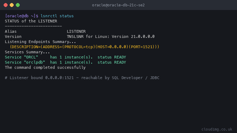 lsnrctl status showing the Oracle listener on port 1521 with the ORCL and ORCLPDB services ready