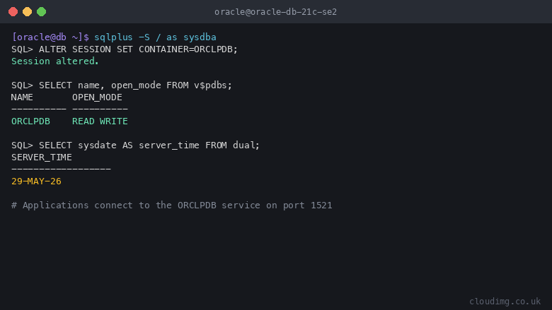 A SQL*Plus session switching into the ORCLPDB pluggable database, confirming it is open read write, and reading the server time