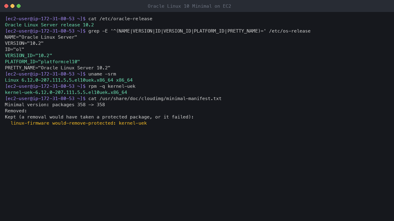 Terminal output showing oracle-release reporting Oracle Linux Server release 10.2, os-release with platform el10, uname reporting the 6.12 UEK kernel, and the shipped Minimal manifest: packages 358 to 358 with linux-firmware kept because kernel-uek needs it
