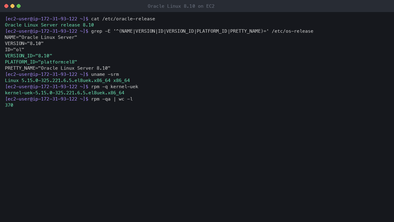 Terminal output showing oracle-release reporting Oracle Linux Server release 8.10, os-release with platform el8, uname reporting the 5.15 UEK kernel, the kernel-uek package and 370 installed packages