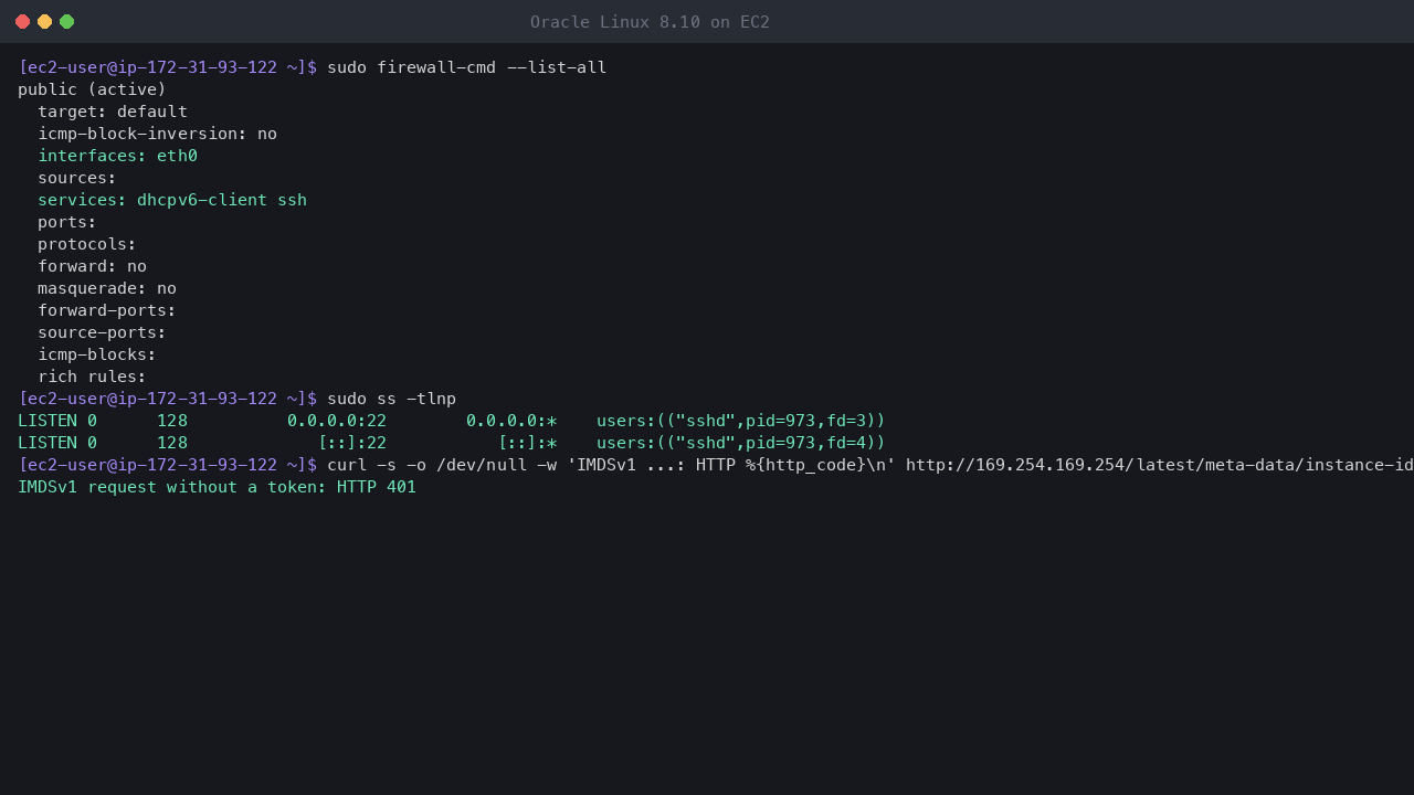 Terminal output showing firewalld running with the public zone on eth0 allowing only the dhcpv6-client and ssh services and no ports or rich rules, the loopback interface in the trusted zone, sshd as the only listening TCP socket, and a token-less IMDSv1 request refused with HTTP 401