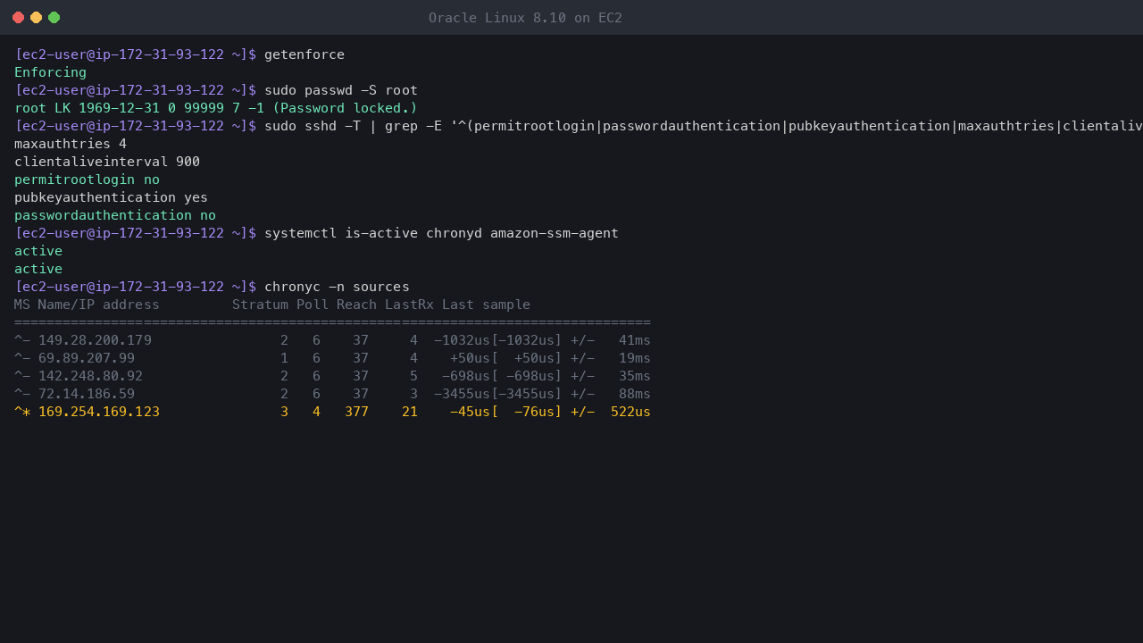 Terminal output showing SELinux enforcing, the root account locked, the effective SSH settings with root login and password authentication off, chrony and the SSM agent active, and chrony synchronised to the Amazon Time Sync Service at 169.254.169.123