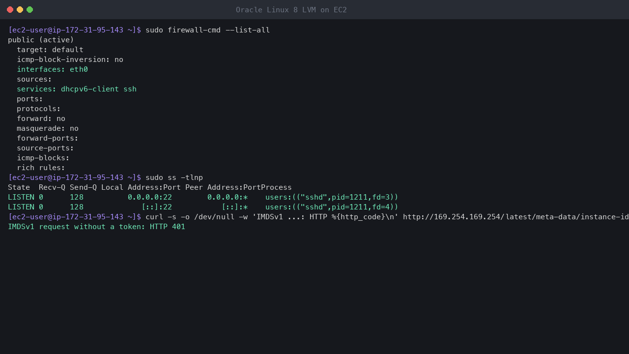 Terminal output showing firewalld running with the public zone on eth0 allowing only the dhcpv6-client and ssh services and no ports or rich rules, the loopback interface in the trusted zone, sshd as the only listening TCP socket, and a token-less IMDSv1 request refused with HTTP 401