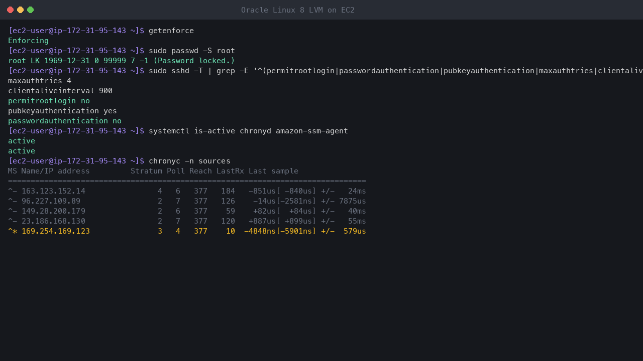 Terminal output showing SELinux enforcing, the root account locked, the effective SSH settings with root login and password authentication off, chrony and the SSM agent active, and chrony synchronised to the Amazon Time Sync Service at 169.254.169.123