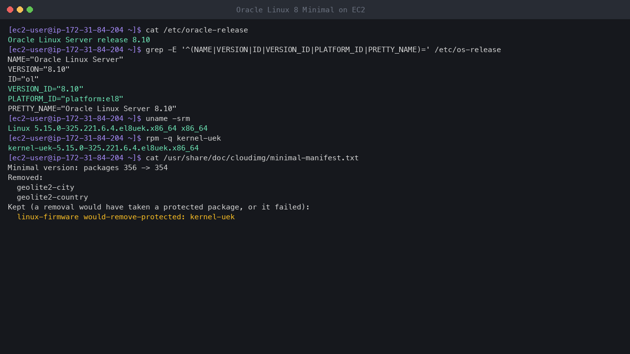 Terminal output showing oracle-release reporting Oracle Linux Server release 8.10, os-release with platform el8, uname reporting the 5.15 UEK kernel, and the shipped Minimal manifest: packages 356 to 354 with geolite2-city and geolite2-country removed and linux-firmware kept because kernel-uek needs it