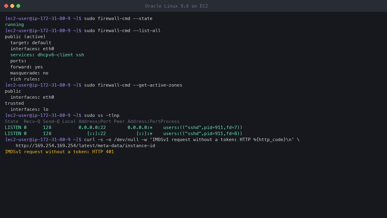 Terminal output showing firewalld running with the public zone on eth0 allowing only the dhcpv6-client and ssh services and no ports or rich rules, the loopback interface in the trusted zone, sshd as the only listening TCP socket, and a token-less IMDSv1 request refused with HTTP 401