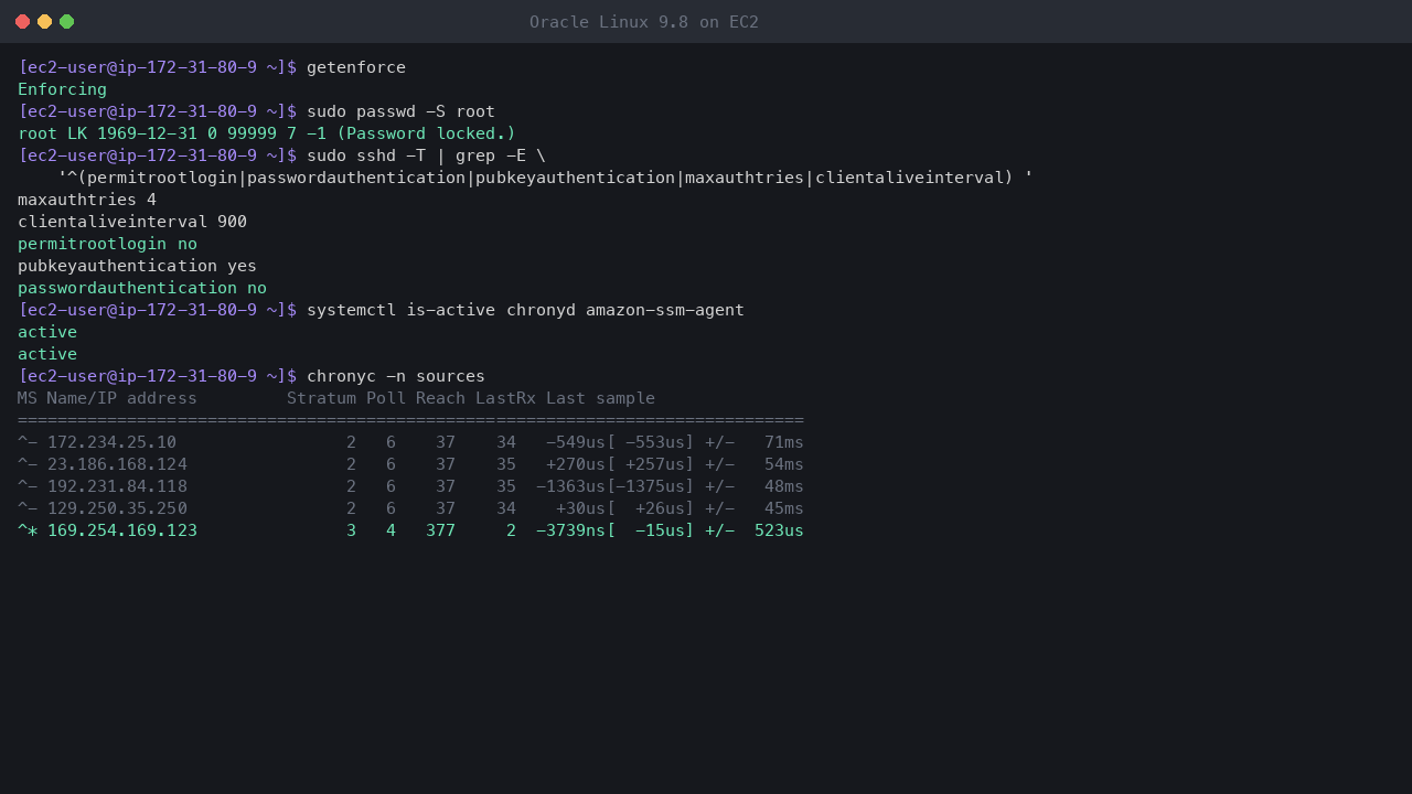 Terminal output showing SELinux enforcing, the root account locked, the effective SSH settings with root login and password authentication off, chrony and the SSM agent active, and chrony synchronised to the Amazon Time Sync Service at 169.254.169.123