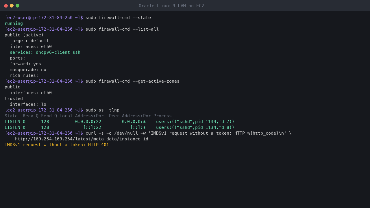 Terminal output showing firewalld running with the public zone on eth0 allowing only the dhcpv6-client and ssh services and no ports or rich rules, the loopback interface in the trusted zone, sshd as the only listening TCP socket, and a token-less IMDSv1 request refused with HTTP 401
