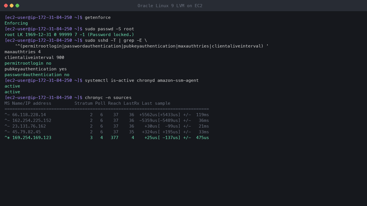 Terminal output showing SELinux enforcing, the root account locked, the effective SSH settings with root login and password authentication off, chrony and the SSM agent active, and chrony synchronised to the Amazon Time Sync Service at 169.254.169.123