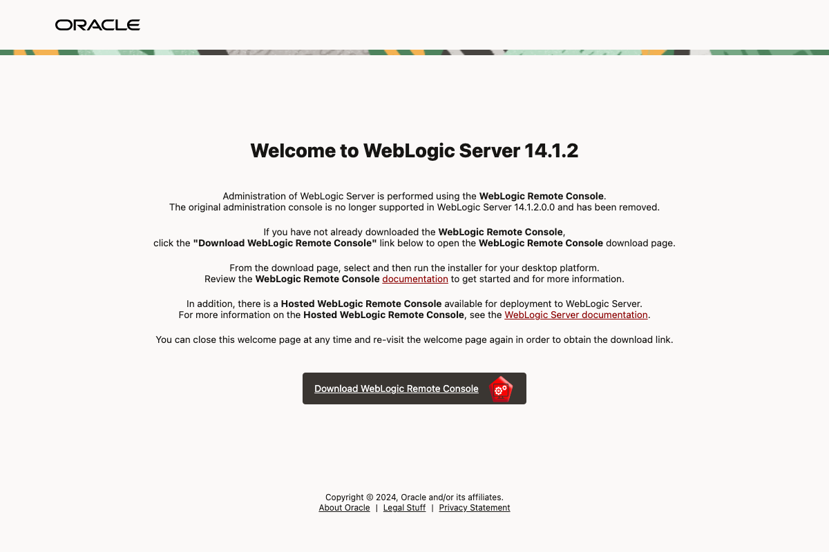 Welcome to WebLogic Server 14.1.2 management page after authentication