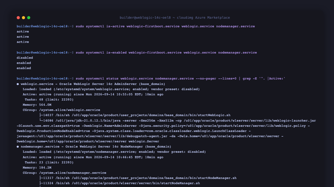 weblogic-firstboot, weblogic and nodemanager systemd units on a freshly deployed VM