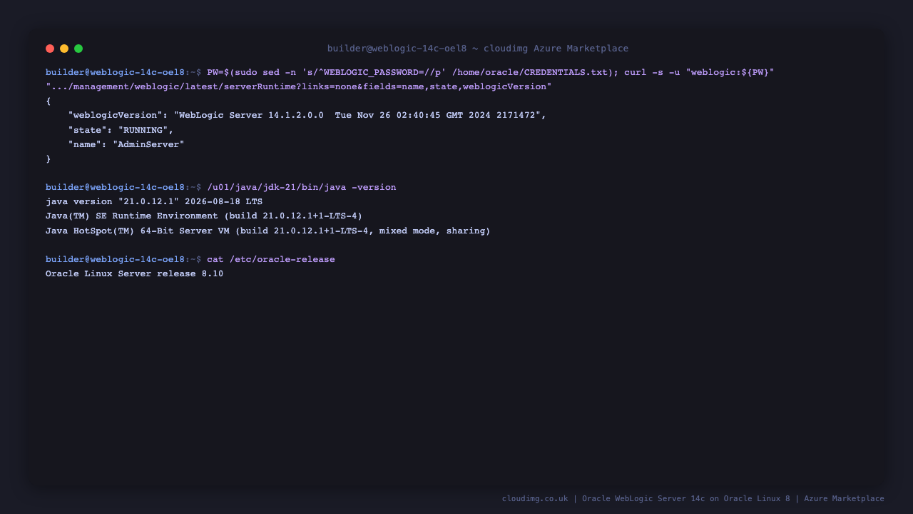 REST management API reporting the AdminServer RUNNING on WebLogic Server 14.1.2.0.0 with Oracle JDK 21