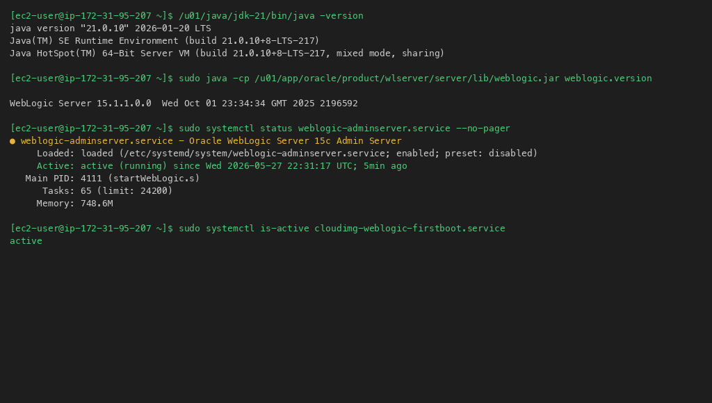 WebLogic service status and Java version