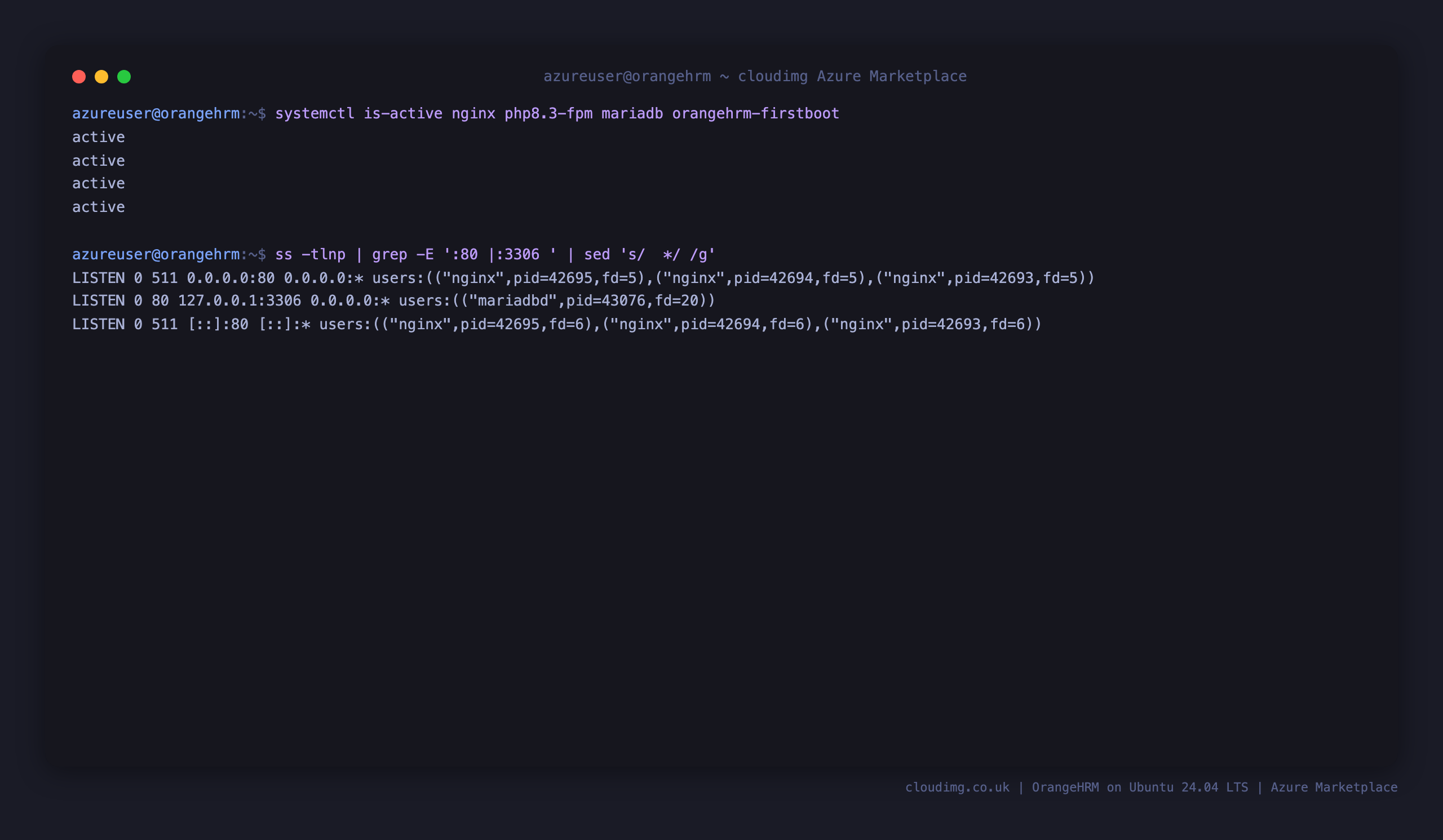 The nginx, php8.3-fpm, mariadb and orangehrm-firstboot services all active, with nginx listening on port 80 and MariaDB bound to loopback 127.0.0.1:3306