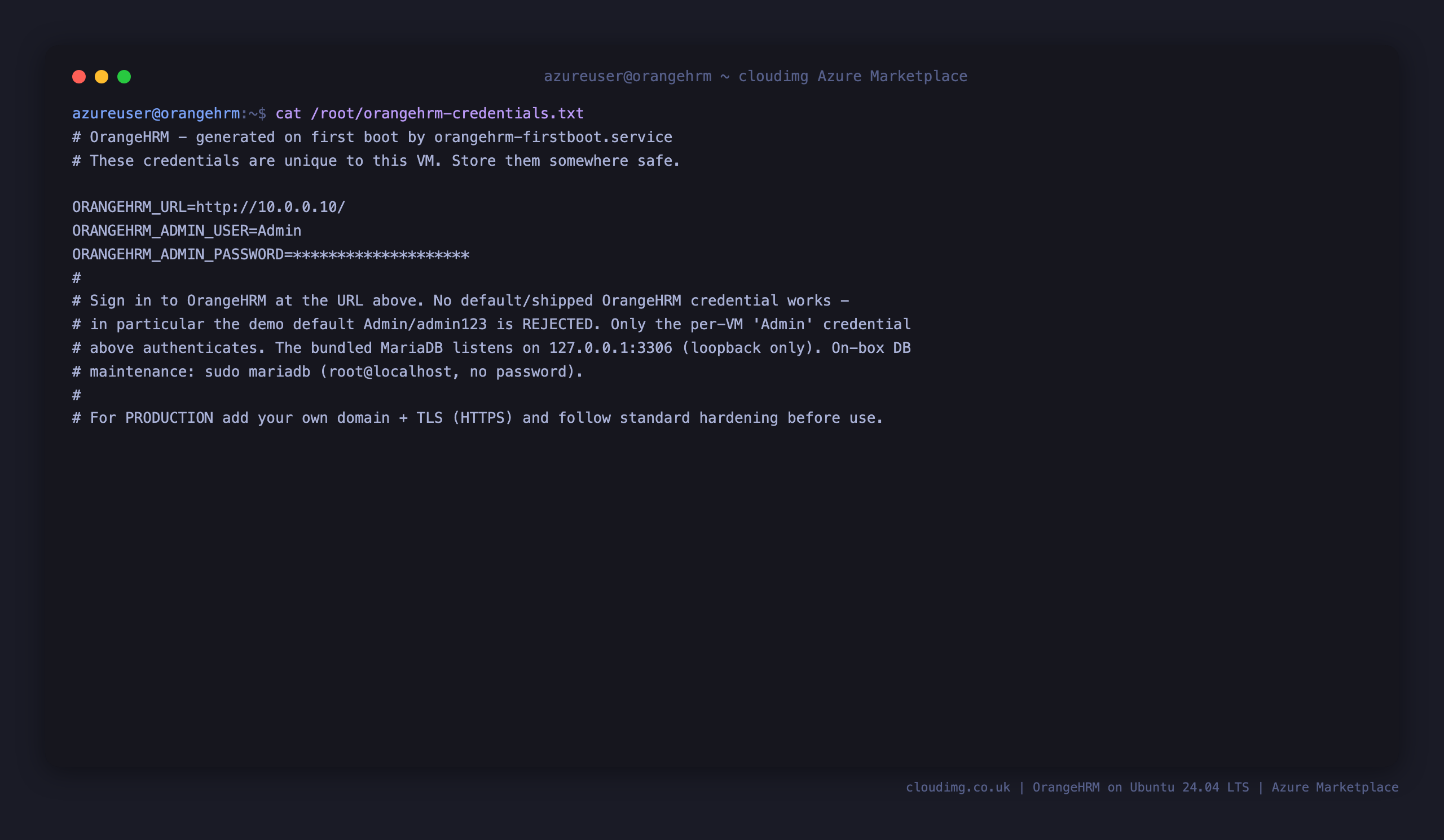 The per VM OrangeHRM credentials file, showing the admin login user, the generated password and the console URL