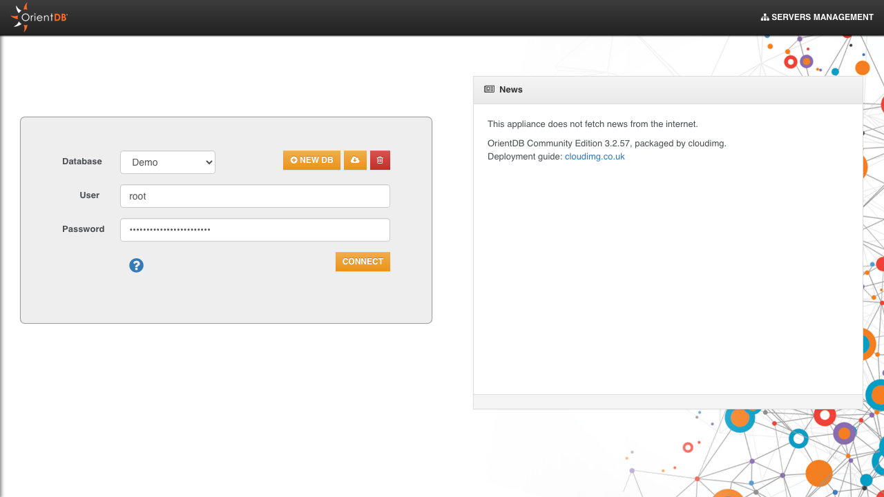 The OrientDB Studio 3.2.57 sign-in page with the Demo database selected and the user and password fields