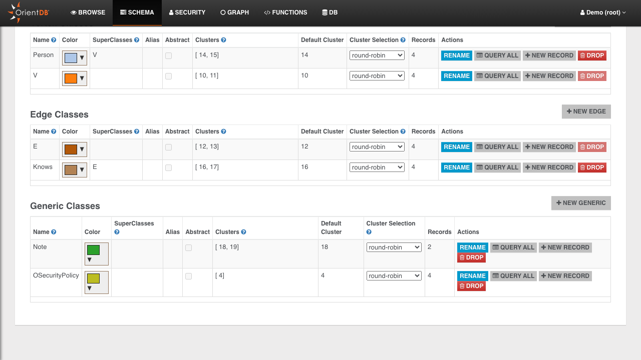 Studio schema manager showing vertex, edge and document classes