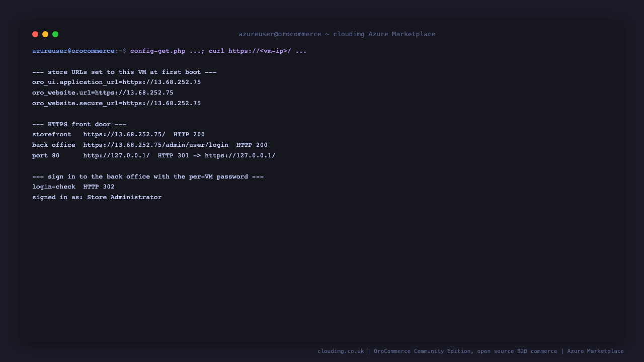 Store URLs, HTTPS front door and a back office sign in from the VM