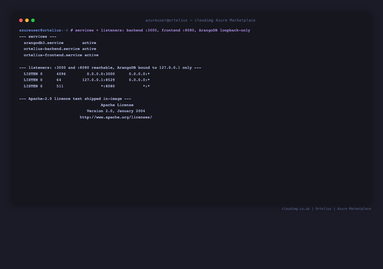 All services report active, ss shows the API on port 3000 and the dashboard on port 8080 while ArangoDB is bound to 127.0.0.1 port 8529 only, and the Apache-2.0 licence text ships in the image