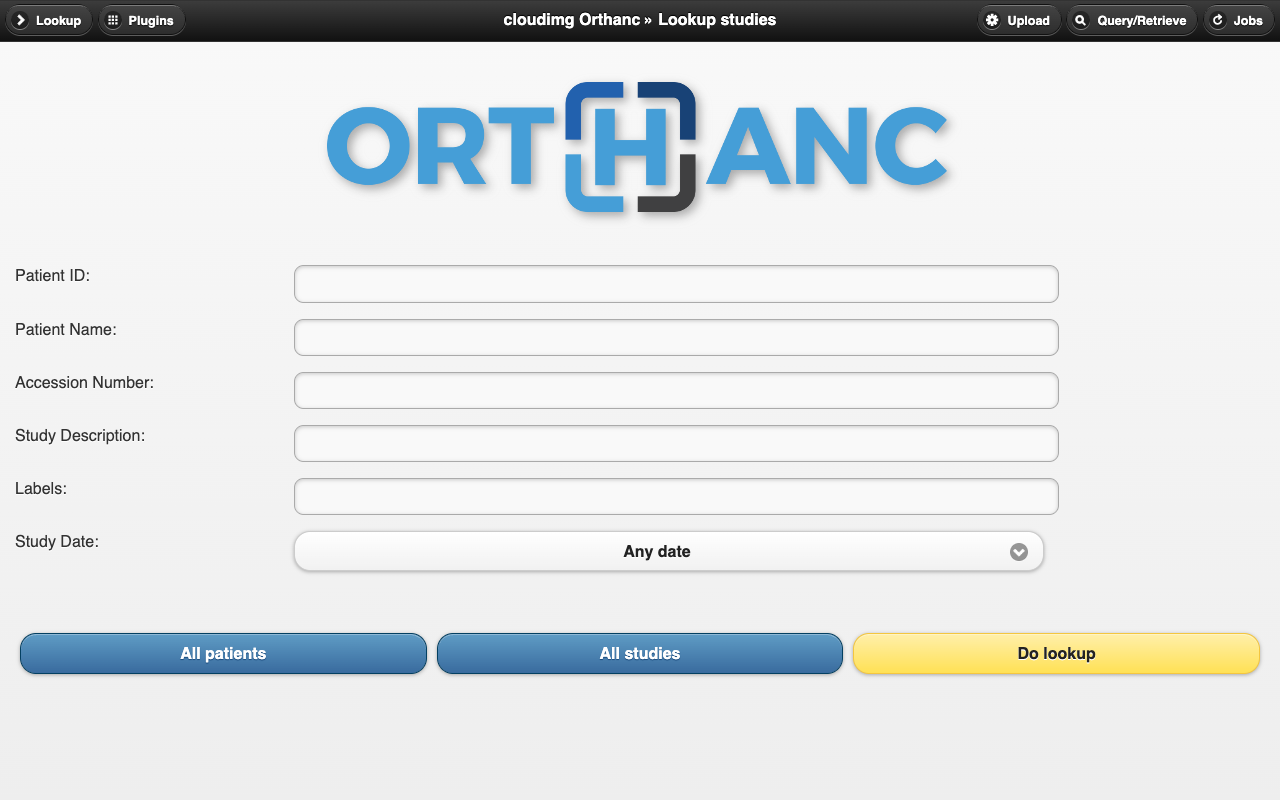 Orthanc Explorer, the built-in web UI, showing the study lookup page